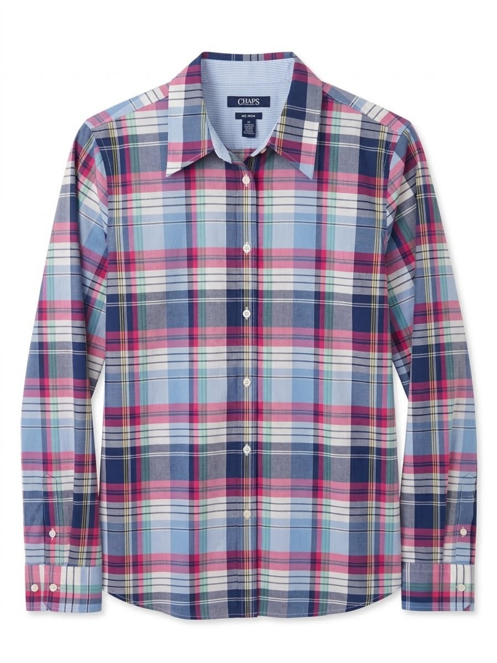 CHAPS No-Iron Plaid Button Down Shirt Women's L Pink Blue Pastel Preppy Blouse